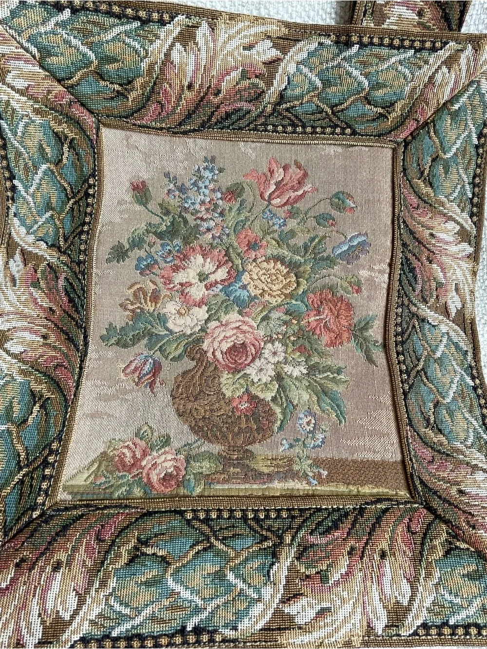 Belgium Tapestry Needlepoint 'Point de Rose' Floral Scene Wall Hanging Decor